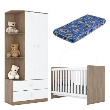 Imagem de Berço Nacional e Guarda Roupa Infantil Labirinto Rústico Branco Brilho com Colchão Ortobom - Henn