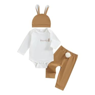 Imagem de Macacão infantil para meninos de Páscoa gola redonda manga comprida com estampa de letras, calça de rabo de coelho para meninos (café, 6 a 12 meses)
