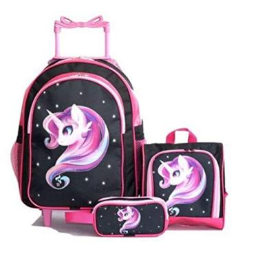 Imagem de Mochila Rodinhas Unicornio Pink Lancheira Estojo Kit