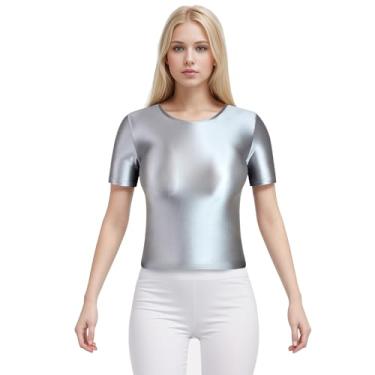 Imagem de XCKNY Camiseta de cetim brilhante com fundo brilhante de seda lisa de manga curta camiseta versátil top, Prata., G