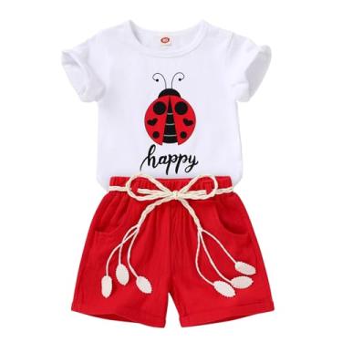 Imagem de YOUNGER TREE Camiseta infantil para bebês meninas com estampa de melancia + shorts de linho com cinto bonito conjunto curto de verão, Joaninha, 5-6 Anos