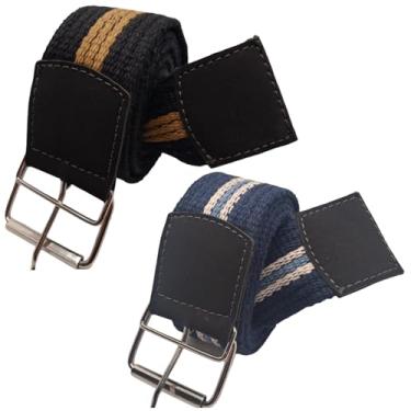Imagem de Kit 2 Cintos Masculino em Gorgurão Lona Tecido Largo Colado e Costurado com Regulagem em Ilhões (PRETO LISTRADO/AZUL LISTRADO, 1.40 METRO)