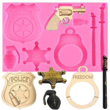 Imagem de XMOLDNMS Conjunto de moldes de silicone para chocolate e doces de polícia, crachá de polícia, revólver de xerife, molde de bala para decoração de bolos, cobertura de cupcake, pasta de goma de argila