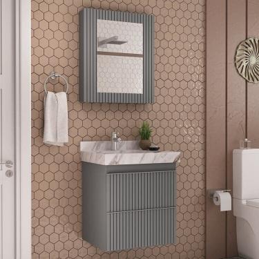 Imagem de Conjunto Para Banheiro Lavatório Em Porcelanato Com Cuba Esculpida, Gabinete e Espelheira Ripy 60cm Cinza
