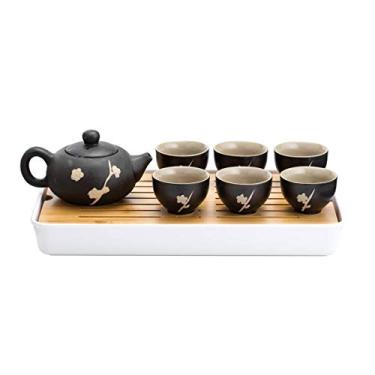 Imagem de Conjunto de chá de cerâmica TJ Global chinês/japonês, 100% feito à mão tradicional conjunto de cerimônia de chá com bules de chá, 6 xícaras, bandeja de chá de bambu com drenagem, Preto