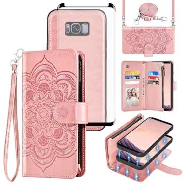 Imagem de Asuwish Capa de celular para Samsung Galaxy S8 Plus com zíper carteira de celular com alça protetora de tela de vidro temperado mandala flor porta-cartões S8plus S 8 8 plus 8S Edge S8+ SM-G955U