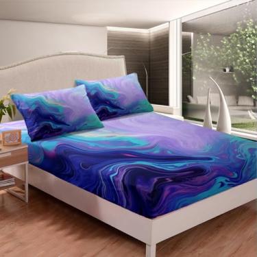 Imagem de Jogo de cama com estampa de mármore, arte abstrata, decoração moderna, brilhante, roxo, azul-petróleo, 3 peças