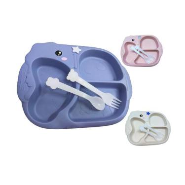 Imagem de Kit Papinha Prato 3 Divisórias Cavalo marinho 28Cm Garfo e Colher Alim