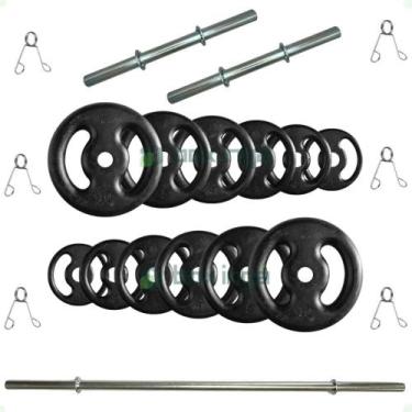 Imagem de Kit Fitness 50 Kg de Anilhas Ferro + Barras Maciças Zincada com Presil