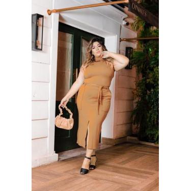 Imagem de Conjunto Plus Size Saia Midi com laço e Blusa Gola Alta - luh may, Beg