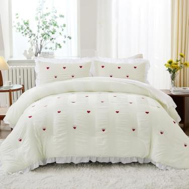 Imagem de Chumerry Conjunto de edredom branco Seersucker plissado com babados, branco, vermelho, coração, bordado, romântico, estilo country, chique, fofo, edredom king size