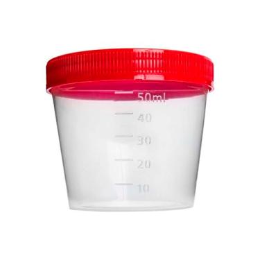 Imagem de Coletor de Urina Estéril, 50ml, Tampa Vermelha, Frasco Graduado com Rosca, Sem Pá - Pacote com 100 Unidades