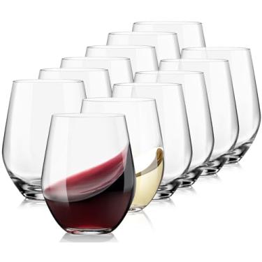 Imagem de OJA Conjunto de 12 taças de vinho sem haste, taças de vinho branco vermelho cristal premium, sem haste, transparente - 425 g, copo resistente para uso diário, aniversário, casamento, festa em casa,