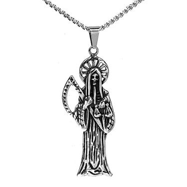 Imagem de GXLYFG Colar Santa Muerte com pingente de diamante banhado a ouro 14K Santa Muerte joia com foice presente de feriado, 17.3+3+0.2, Cobre + aço de titânio, Sem Pedra Preciosa