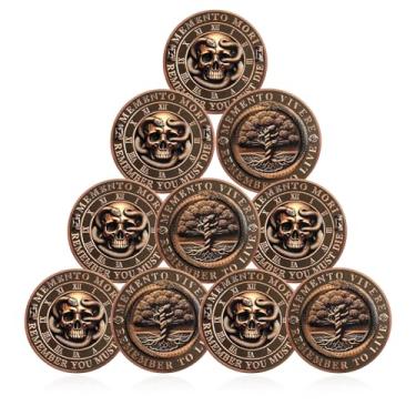 Imagem de CHURYUML Conjunto de 10 moedas Memento Mori Memento Vivere - Token de lembrete estóico para meditações estoicas diárias presentes estoicismo legais crânio desafio moedas árvore da vida presentes