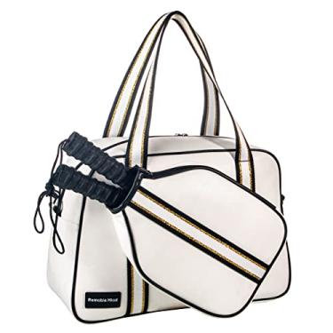 Imagem de Remobia Hicol Bolsa De Ombro Esportiva Feminina De Couro Pu Branco, Bolsa De Ginástica, Bolsa De Viagem Para Pickleball, Bolsa Tote Para Pickleball Com Bolso Frontal Para 2 Raquetes, Bolsos Internos