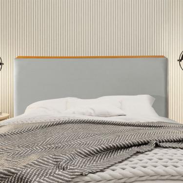 Imagem de Cabeceira Cama Box King 1,93m Estofada Detalhe em Madeira Java Veludo Cinza Claro