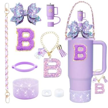 Imagem de 9 peças de acessórios de copo Stanley Bling para copo de 850 g e copo de 1134 g com alça, incluindo pingente de iniciais, alça de couro, decoração de arco de palha, topo de palha, bota, tampa à prova