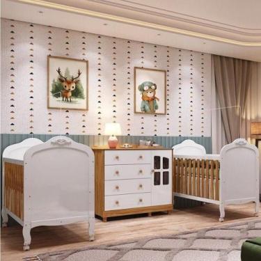 Imagem de Quarto de Bebê Cômoda com Janelas e 2 Berços Maya Clássico 100% Mdf Es