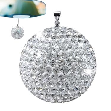 Imagem de Acessórios para carro - Elegante pingente de espelho retrovisor de bola de cristal de 3,5 cm com strass cintilante e corrente longa de 45 cm - Acessórios para espelho retrovisor brilhante, ornamento