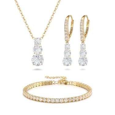 Imagem de EleQueen Lindo conjunto de joias trilogia para mulheres, colar de cristal austríaco e brincos pendentes, Zircônia cúbica Latão, Zircônia cúbica
