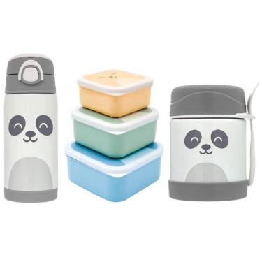 Imagem de Super Kit Hora do Lanche Gumy Branco Off White Com Copo Térmico Pote Térmico e 3 Potinhos Plásticos Sortidos Azul - Buba