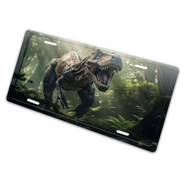 Imagem de Capa de placa de licença com impressão de dinossauro 3D engraçada - etiqueta artística de alumínio para carro, à prova de ferrugem, design exclusivo - 15,5 x 30,5 cm