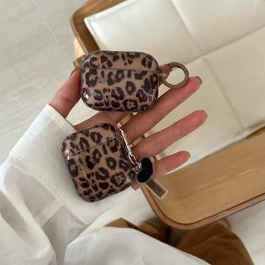 Imagem de Capa para AirPods 4ª geração linda estampa de leopardo marrom design padrão retrô com dois chaveiros, capa de fone de ouvido chique na moda com proteção TPU macia para AirPods Gen 4 capa para mulheres