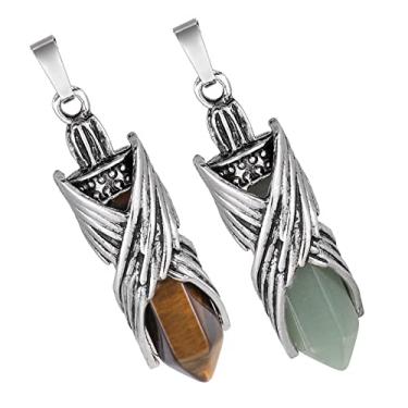 Imagem de TUMBEELLUWA Pacote com 2 colares hexagonais com pingente de ponto de cristal unissex, conjunto de pingentes de pedra facetada de asa de anjo com correntes, Aventurina verde e olho de tigre, Aventurina