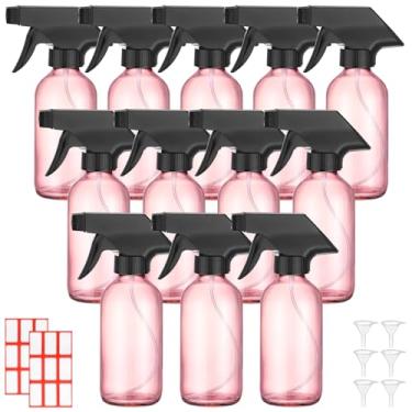 Imagem de Norme 12 frascos de spray de vidro de 227 g com funis e rótulos, frascos de spray vazios para cosméticos recarregáveis com recipientes pulverizadores para soluções de limpeza de óleo essencial (rosa