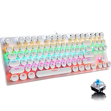 Imagem de Teclado mecânico para jogos, estilo máquina de escrever estilo punk retrô com 87 teclas, teclado retroiluminado com arco-íris, anti-fantasma, com cabo USB, para computador de mesa PC e laptop, para jogos e escritório (branco)