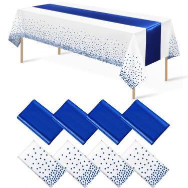 Imagem de Conjunto de toalhas de mesa MASHAN, pacote com 8 unidades, plástico descartável branco/azul