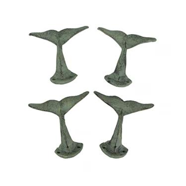 Imagem de Set of 4 Durable Cast Iron Whale Tail Wall Hooks with Verdigris Green Finish - Nautical Decorative Hooks for Coats, Robes, or Leashes - 4.5 Inches Long