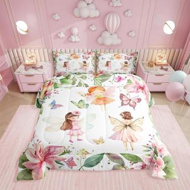 Imagem de Erosebridal Jogo de cama casal de jardim de fadas, borboleta floral rosa para meninas e crianças, conjunto de cama de edredom feminino, flores de coquete, 2 fronhas reversíveis