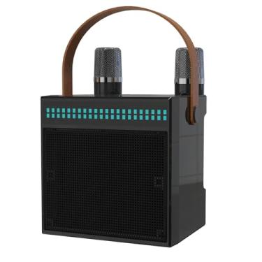 Imagem de Caixa de som KTV doméstica com microfones duplos e tela - Bluetooth 5.3, reprodução USB/TF, efeitos de mixer profissional, iluminação de palco RGB, ótima para apresentações/eventos