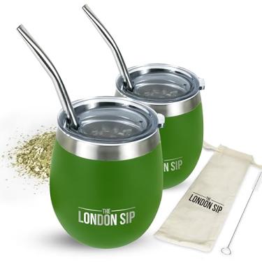 Imagem de Conjunto de copos e bomba de erva mate Here & Now | 2 cuias de mate, tampas resistentes a derramamentos e canudos mate | Escova Bombilla e bolsa incluídos | Kit de cuia Yerba Mate com xícaras de chá Bombilla Mate e Mate (verde)