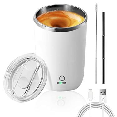 Imagem de Beyoung Caneca de mistura elétrica portátil de 355 ml, copo de café de viagem de aço inoxidável com tampa à prova de vazamento, copo de misturador automático para café, leite e chá, branco