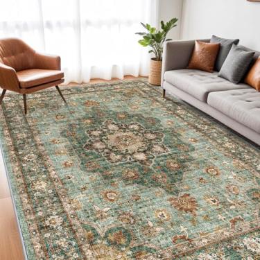 Imagem de TOPRUUG Tapete de área oriental lavável – Tapetes para sala de estar, tapete macio para quarto, impermeável, floral, envelhecido, resistente a manchas, resistente a manchas (verde, 7 x 9)