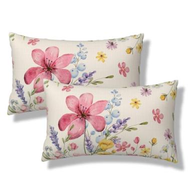 Imagem de LIBIFALL Conjunto de 2 capas de almofada floral de primavera, 30 x 50 cm, conjunto de 2 almofadas de flores em aquarela, rosa, verde, colorido, decoração de Páscoa, capa de almofada quadrada, fronhas