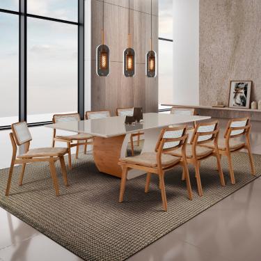 Imagem de Sala de Jantar Mesa Ellis 220cm Madeira Tampo com Vidro com 8 cadeiras Eva Premium - Milano/Off White/Imbuia Nat