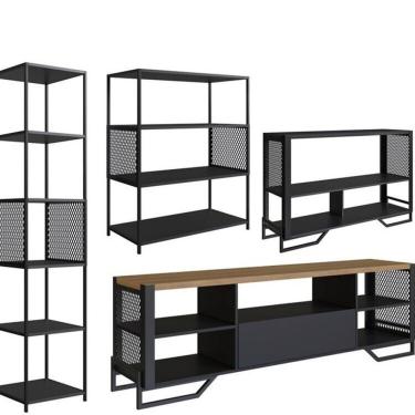 Imagem de Sala De Estar Completa Com 4 Itens Rack Tv 60 Polegadas Estante, Aparador E Estante Alta Telada Preto