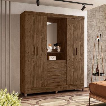 Imagem de Guarda Roupa Casal Capelinha Ambiente Capri 4 Portas Castanho Wood Com Espelho - Moval