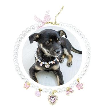 Imagem de SM4BED Colar de pérolas com coleira de cachorro, contas brancas com lindo laço rosa e pingente de diamante de strass brilhante, joia ajustável para cães grandes, GG 43 cm