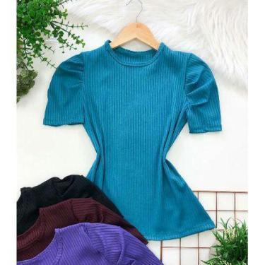 Imagem de Blusa tshirt feminina manga curta gola rasa bufante canelada - Filó Mo