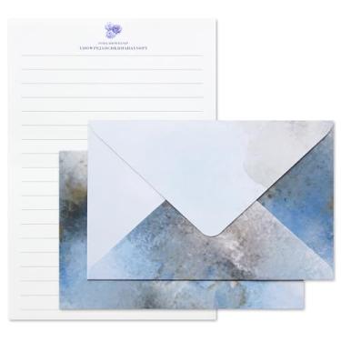 Imagem de Tuhangcc Conjunto de artigos de papelaria em aquarela sonhadores – Cores misturadas à mão: 12 envelopes (10 x 15 cm) e 24 papéis forrados para cartas de amor de casamento, convites, aniversários (azul