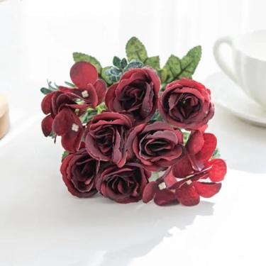 Imagem de 1 maço de 5 garfos, 6 cabeças, guirlanda de rosas, decoração de bonsai para casa, decoração de casamento, flores artificiais, acessórios para fotografia (1 peça/vermelho)