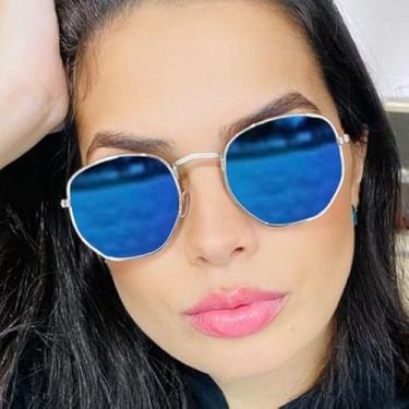 Imagem de Óculos de Sol Hexagonal Lente Preta com Proteção Uv400 Masculino Feminino (Azul Espelhado com Prateado)