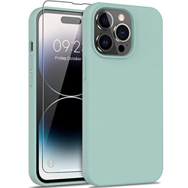 Imagem de DEENAKIN Capa para iPhone 14 Pro Max com protetor de tela, capa de borracha de gel de silicone líquido macio, capa protetora de telefone à prova de choque para iPhone 14 Pro Max 6,7 polegadas verde menta