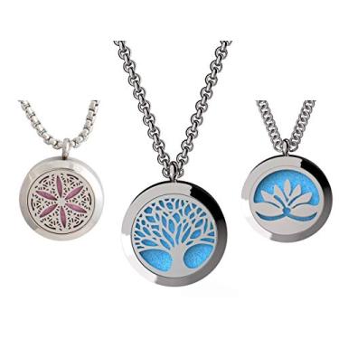 Imagem de Wild Essentials Conjunto de 3 colares, árvore da vida, flor da vida, difusor de óleo essencial de lótus aberto, pingentes de medalhão de aço inoxidável com correntes de 61 cm, 36 enchimentos, joias