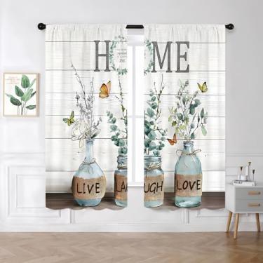 Imagem de Cortinas de janela de algodão rústico Farmhouse 106 cm L x 153 cm 2 painéis bolso de haste vintage retrô madeira folhas verdes quarto cortinas de banheiro cortinas de janela inspiradoras tratamento